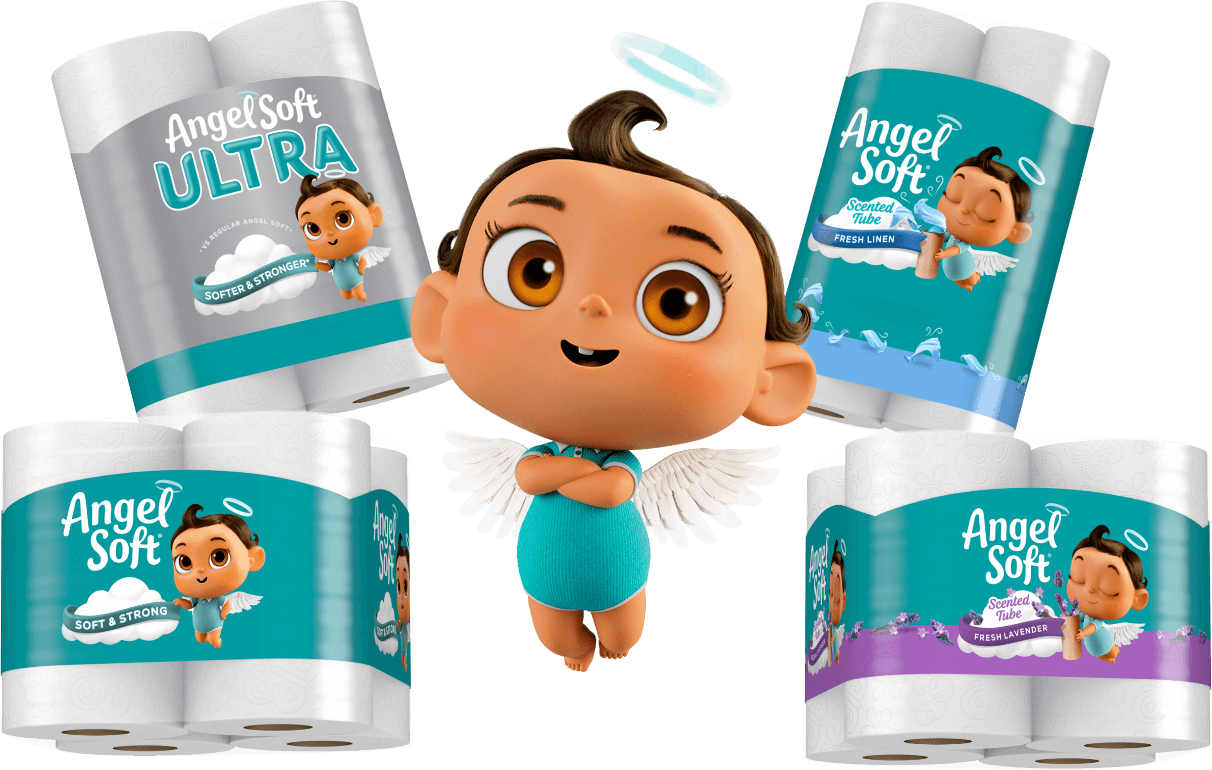 Angel Soft Baby with various toilet paper rolls.