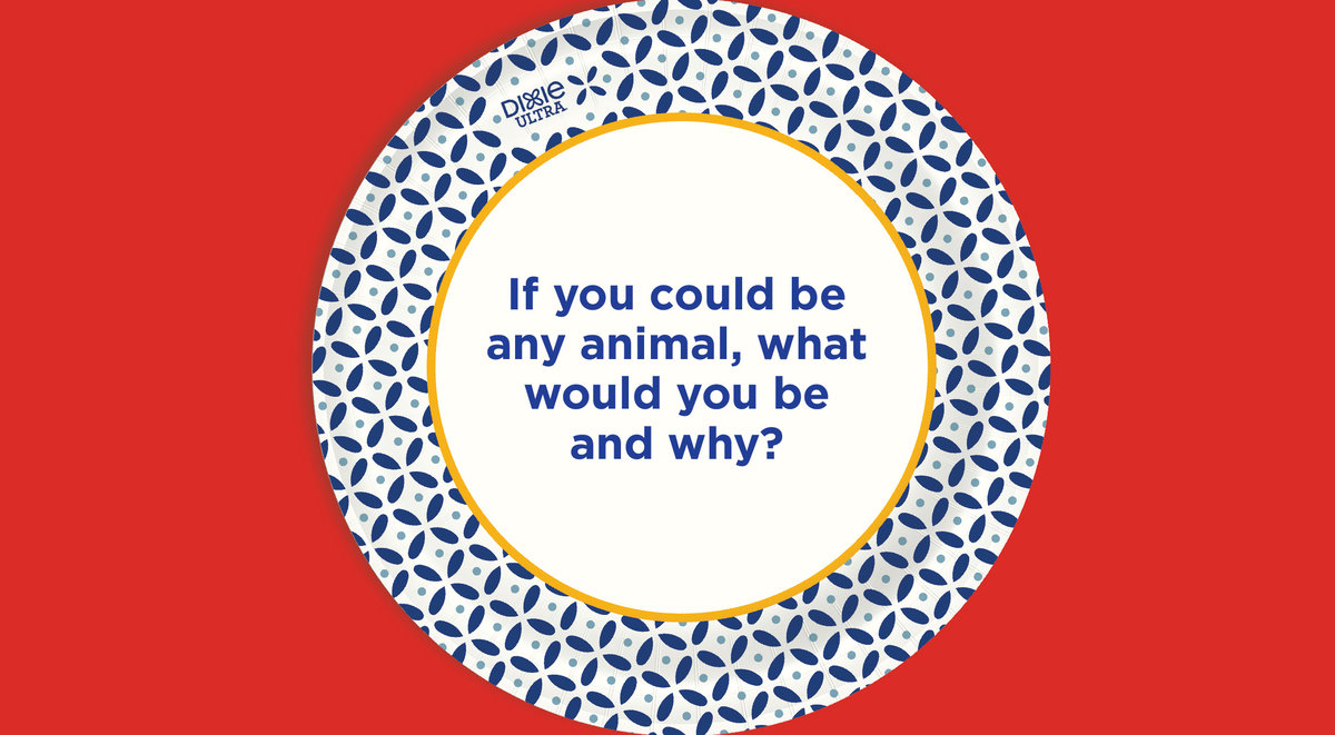 If You Could Be Any Animal, What Would You Be And Why Written On Dixie Ultra Paper Plate.