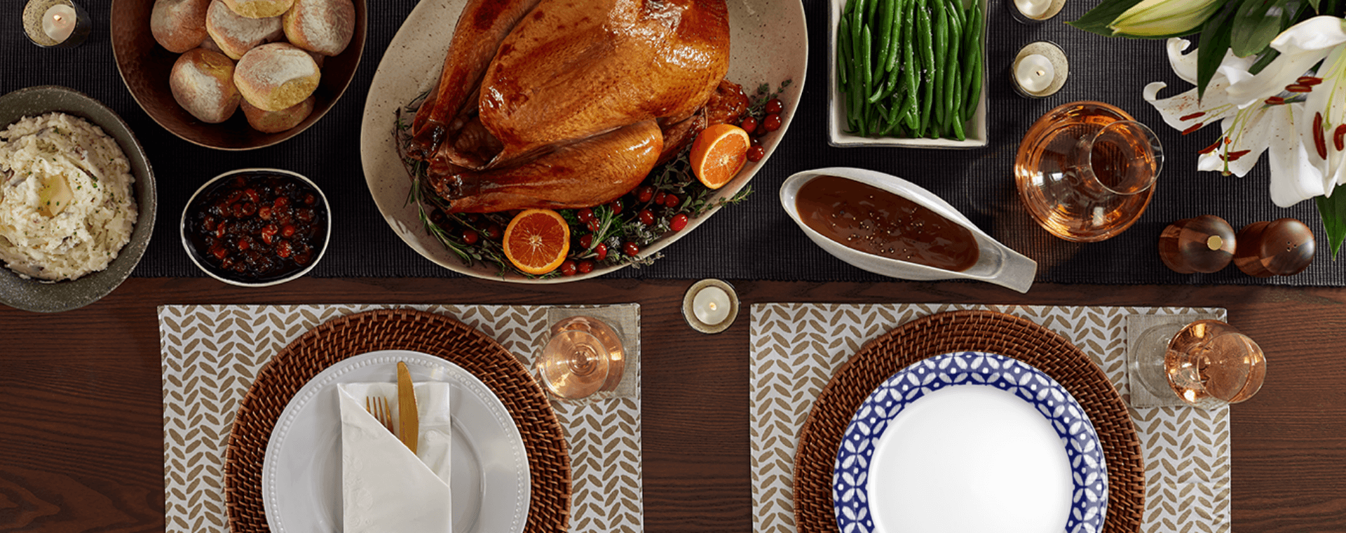 Thanksgiving dinner on top of a table.