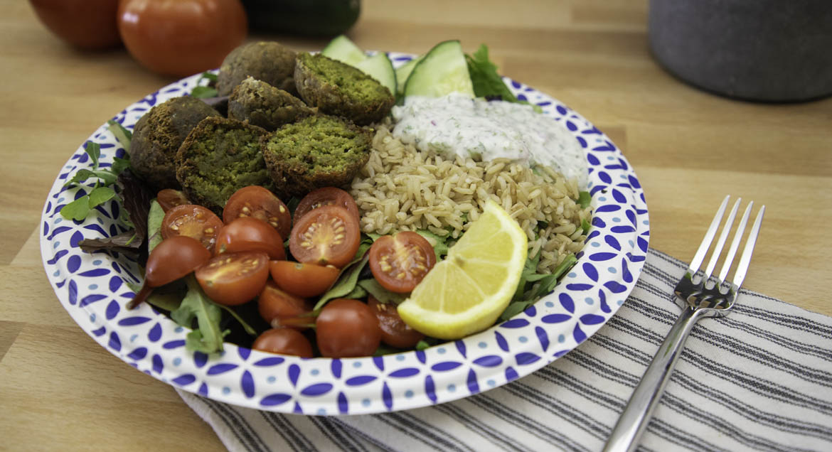 Falafel Bowl Tzatziki On Dixie Ultra Paper Plate.