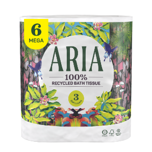 A package of Aria 6 mega roll 100% recycled bath tissue.