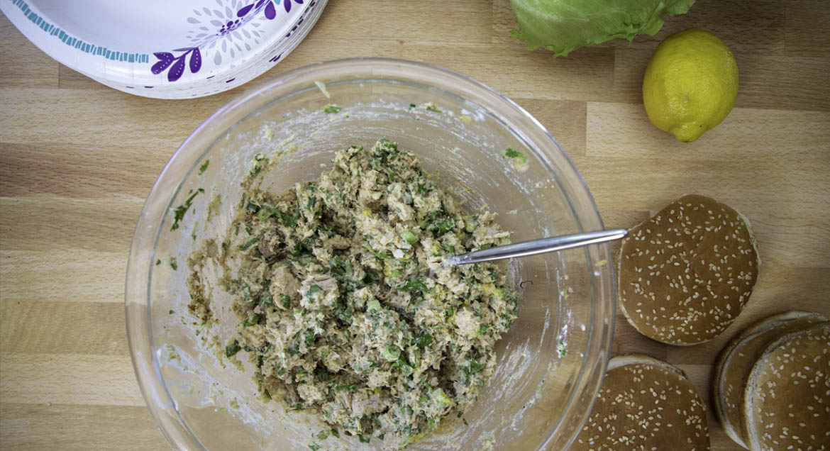 Salmon Burger Patty Mixture In Glass Bowl.