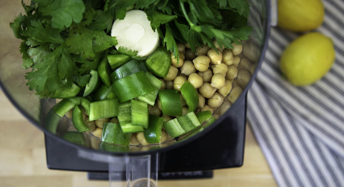 Cilantro, Green Peppers And Chickpeas In Food Processor.