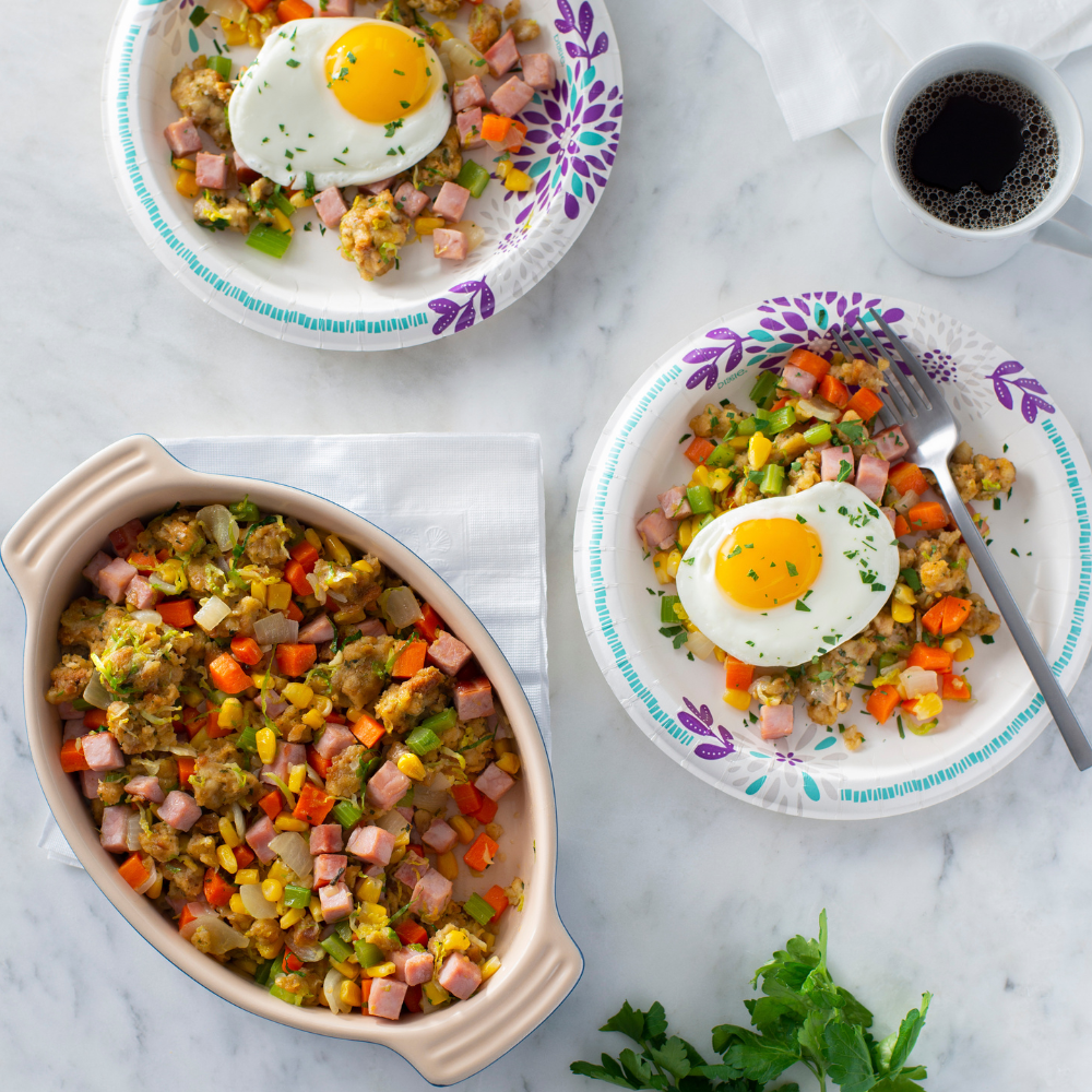 Dixie plate with ham and stuffing hash