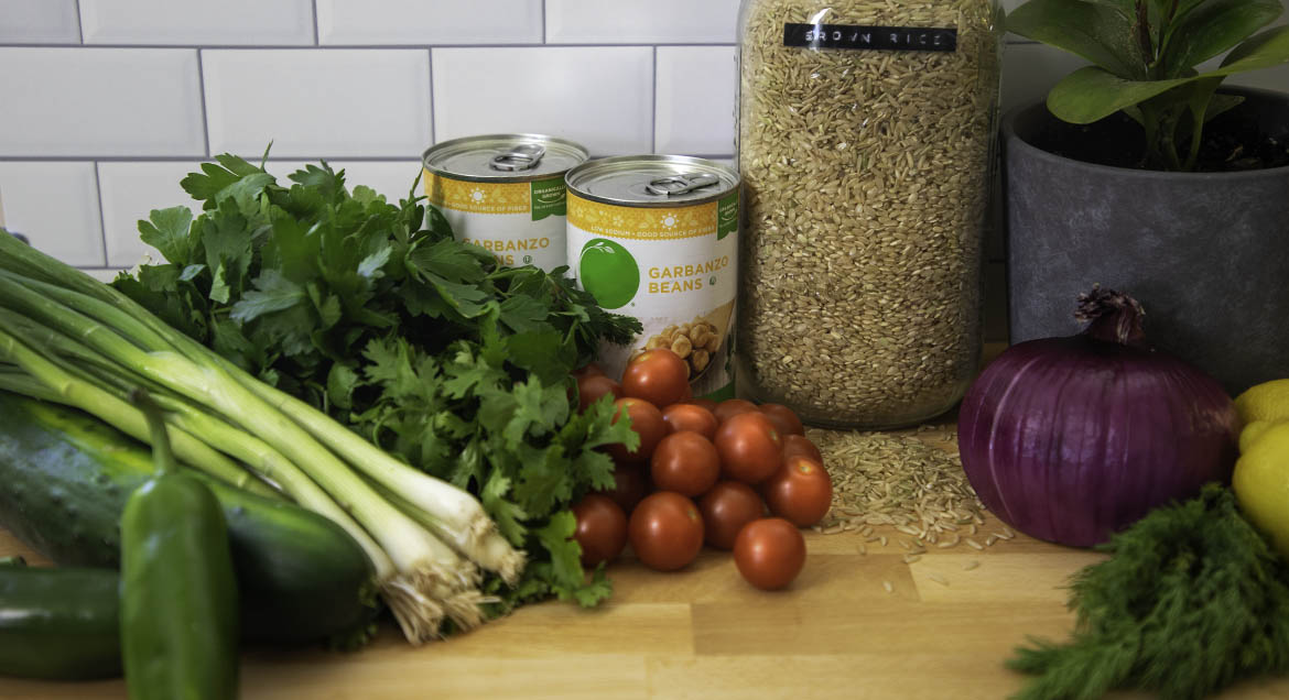 Ingredients For Falafel Bowl On Kitchen Counter.