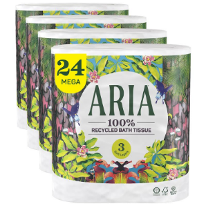 Four packages of Aria 24 mega roll 100% recycled bath tissue.