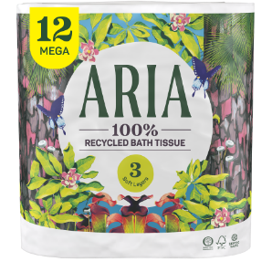 A package of Aria 12 mega roll 100% recycled bath tissue.