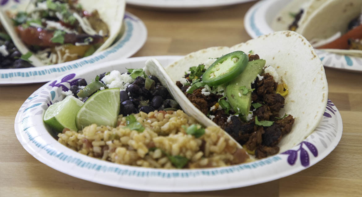 Tofu Sofirta Tacos And Rice On Dixie Paper Plate.