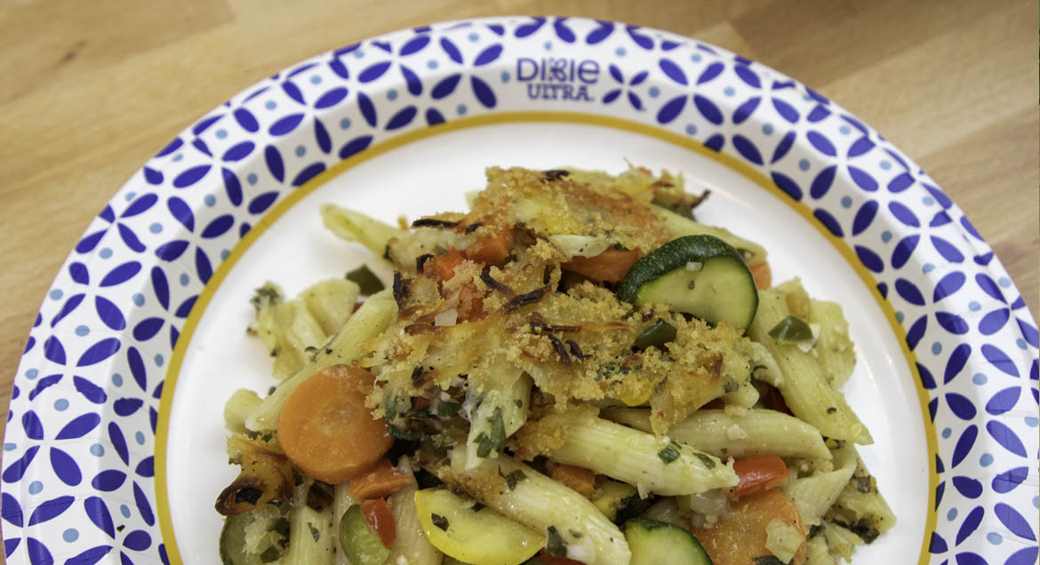 Pasta Penne Primavera Casserole On Dixie Paper Plate.